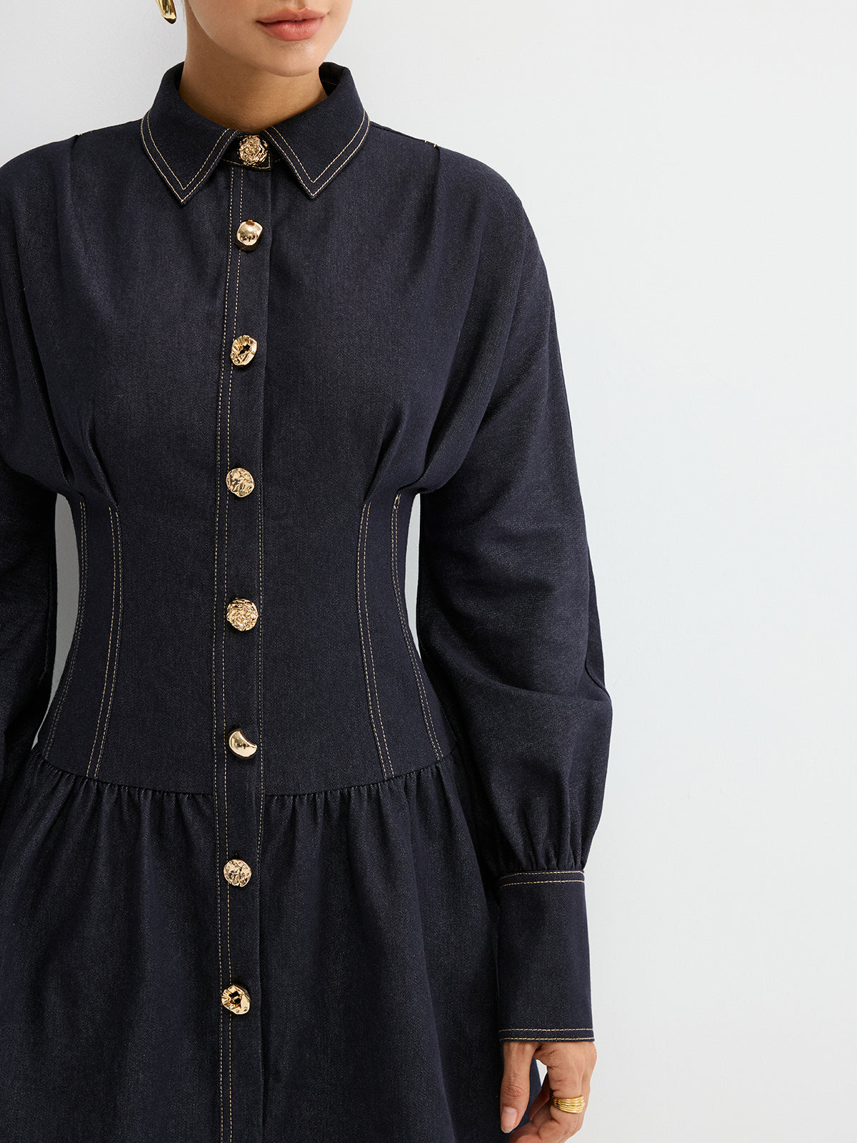 Denim Shirt Dress with Metal Button Details