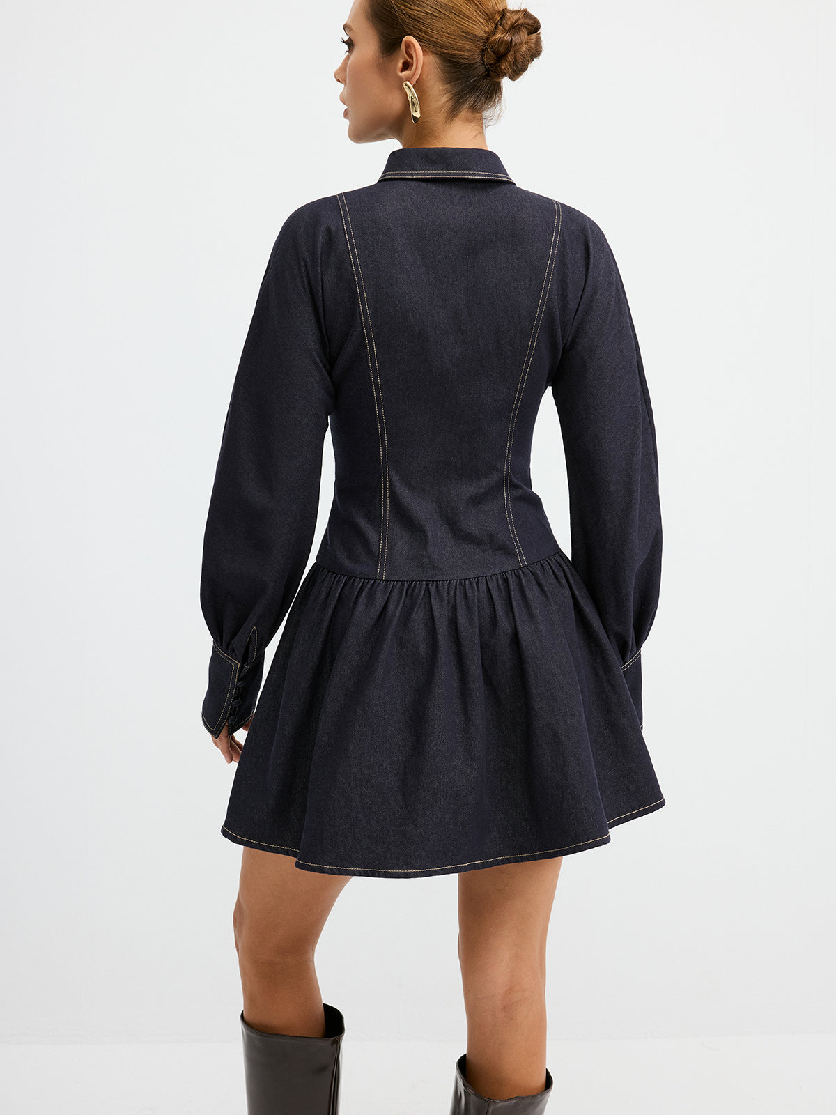 Denim Shirt Dress with Metal Button Details