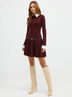Detachable Collar Pleated Mini Dress (Belt Not Included)