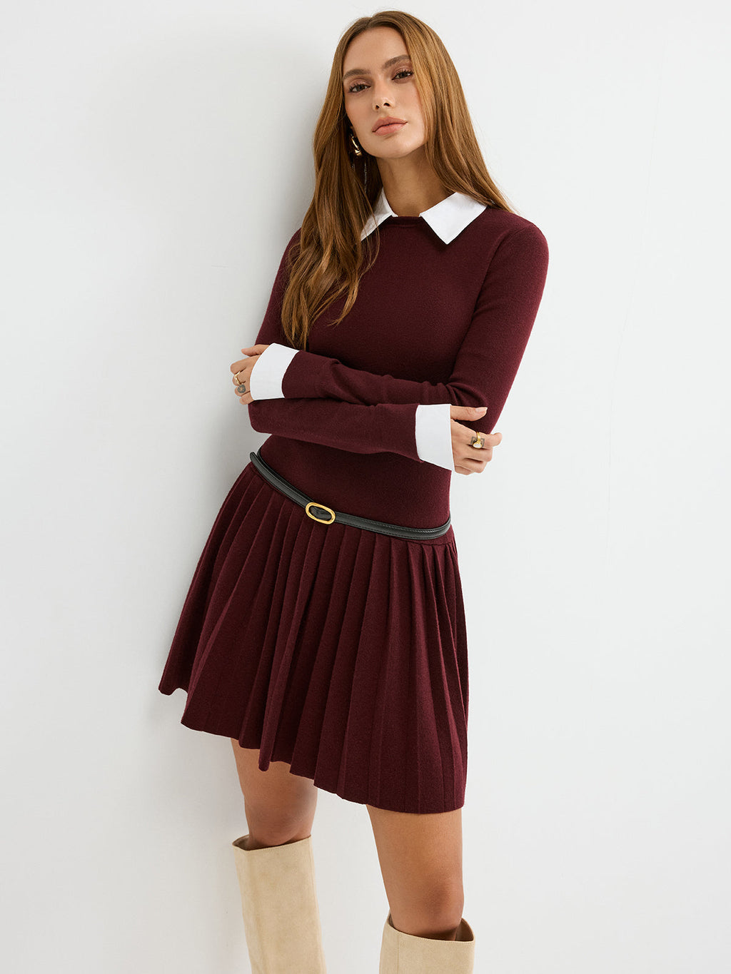 Detachable Collar Pleated Mini Dress (Belt Not Included)