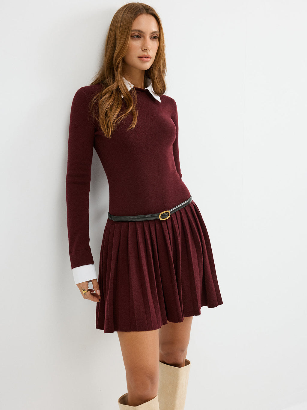 Detachable Collar Pleated Mini Dress (Belt Not Included)