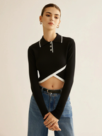 Asymmetric Wool Blend Cropped Polo with Contrast Trim