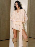 Semi-Sheer Mini Dress with Tiered Draping and Tie-Waist
