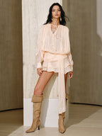 Semi-Sheer Draped Mini Dress with Tiered Tie Waist