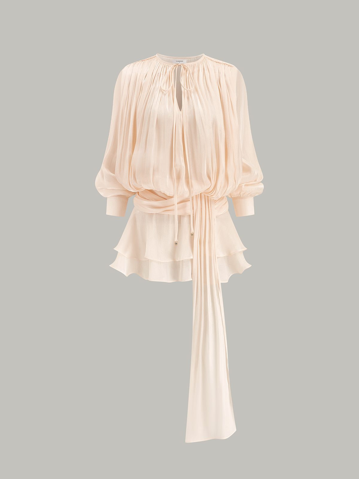 Semi-Sheer Mini Dress with Tiered Draping and Tie-Waist