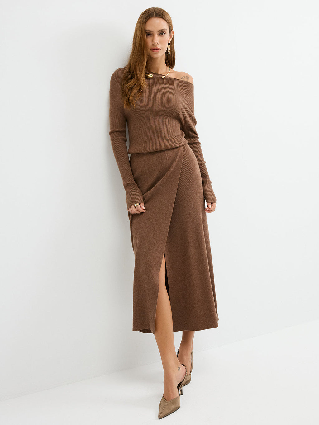 Ribbed Wool Blend Maxi Dress with Off-Shoulder Design