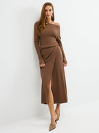 Ribbed Wool Blend Maxi Dress with Off-Shoulder Design
