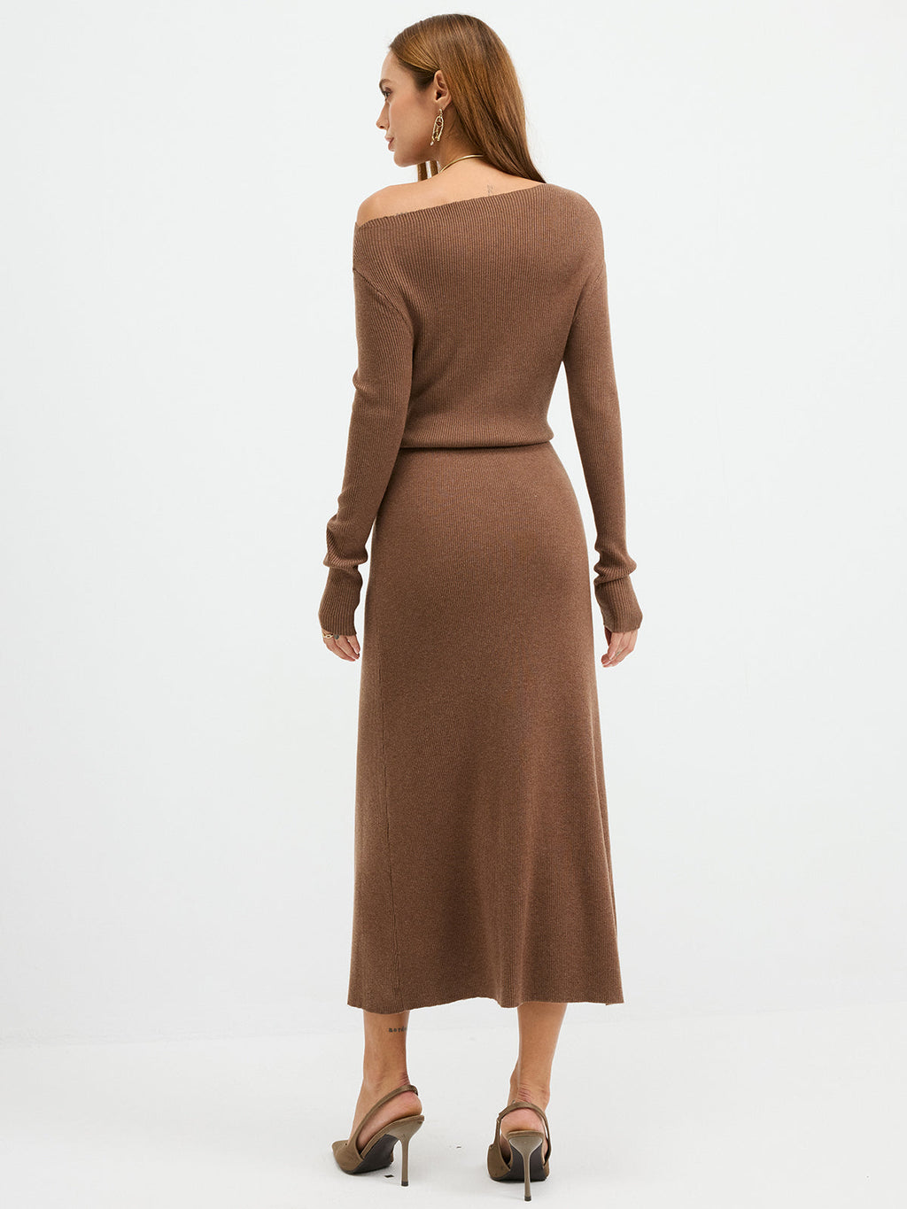Ribbed Wool Blend Maxi Dress with Off-Shoulder Design