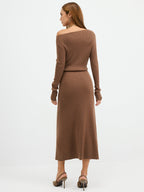 Ribbed Wool Blend Maxi Dress with Off-Shoulder Design