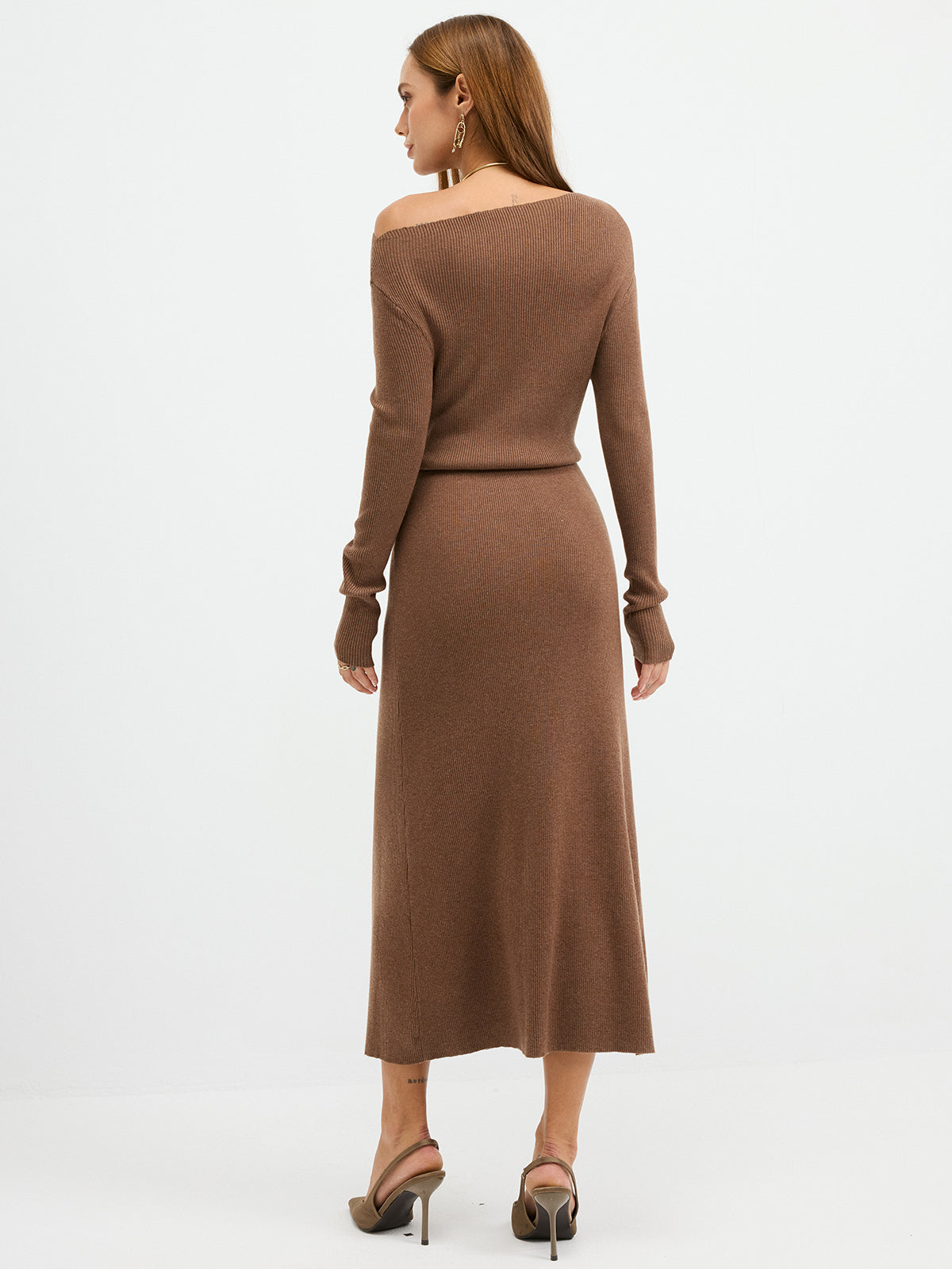Ribbed Wool Blend Maxi Dress with Off-Shoulder Design