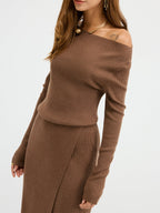 Ribbed Wool Blend Maxi Dress with Off-Shoulder Design
