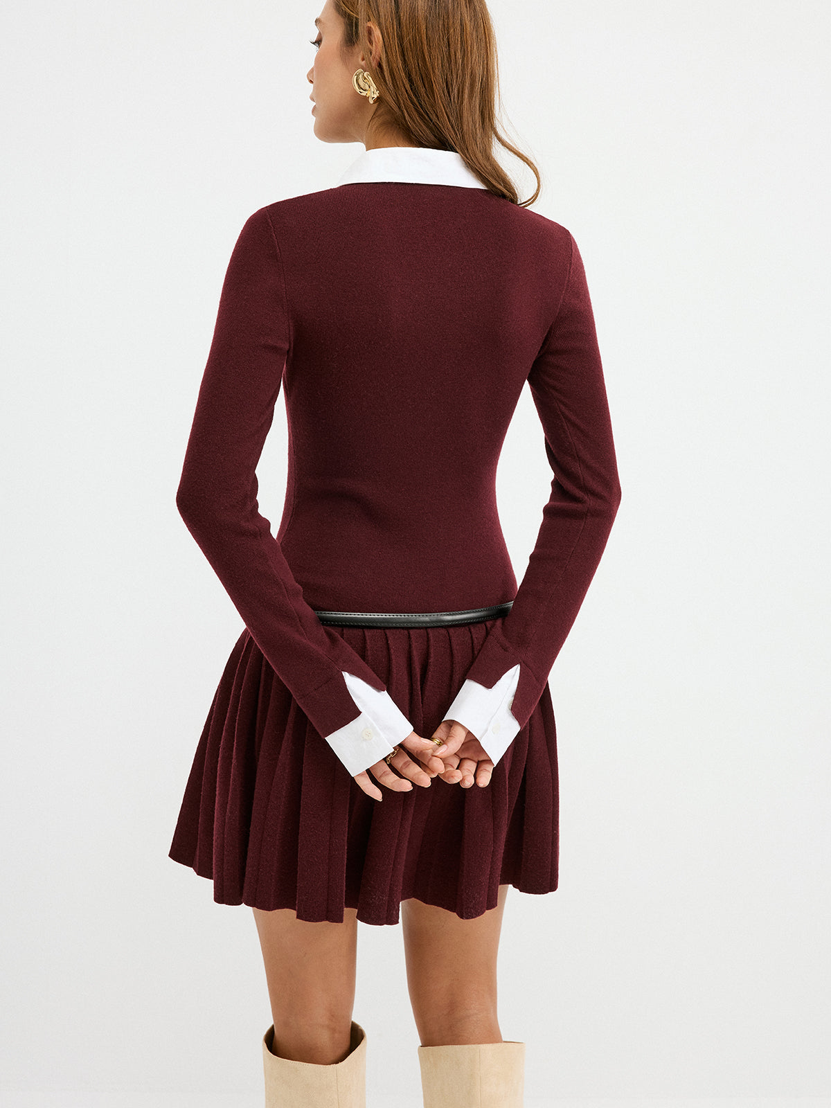 Detachable Collar Pleated Mini Dress (Belt Not Included)