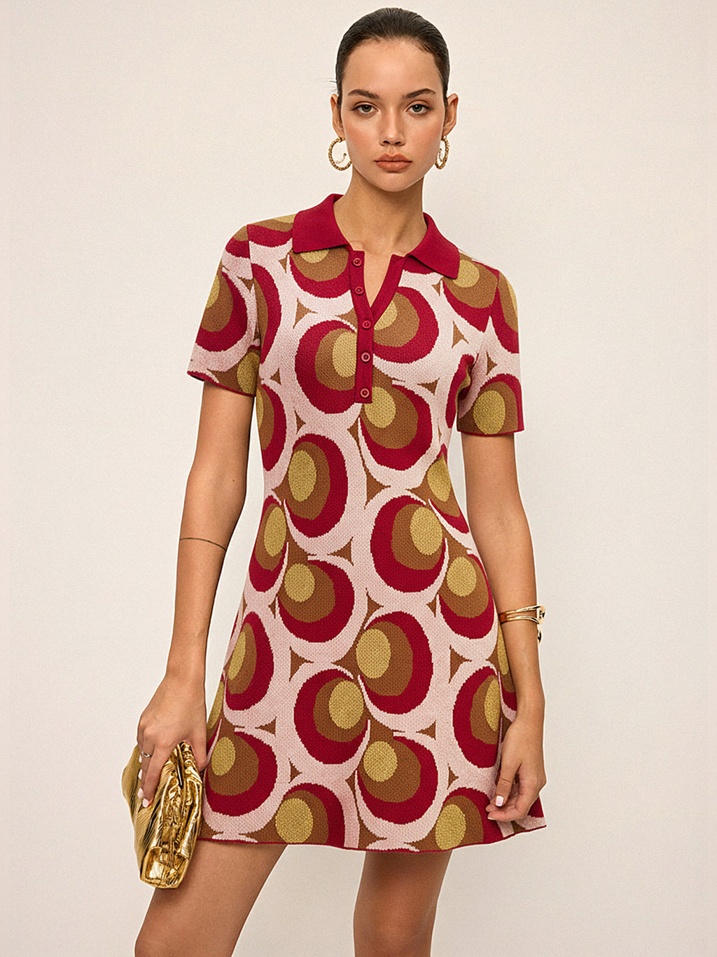 Classic Polo Collar Sweater Dress with Vintage Print