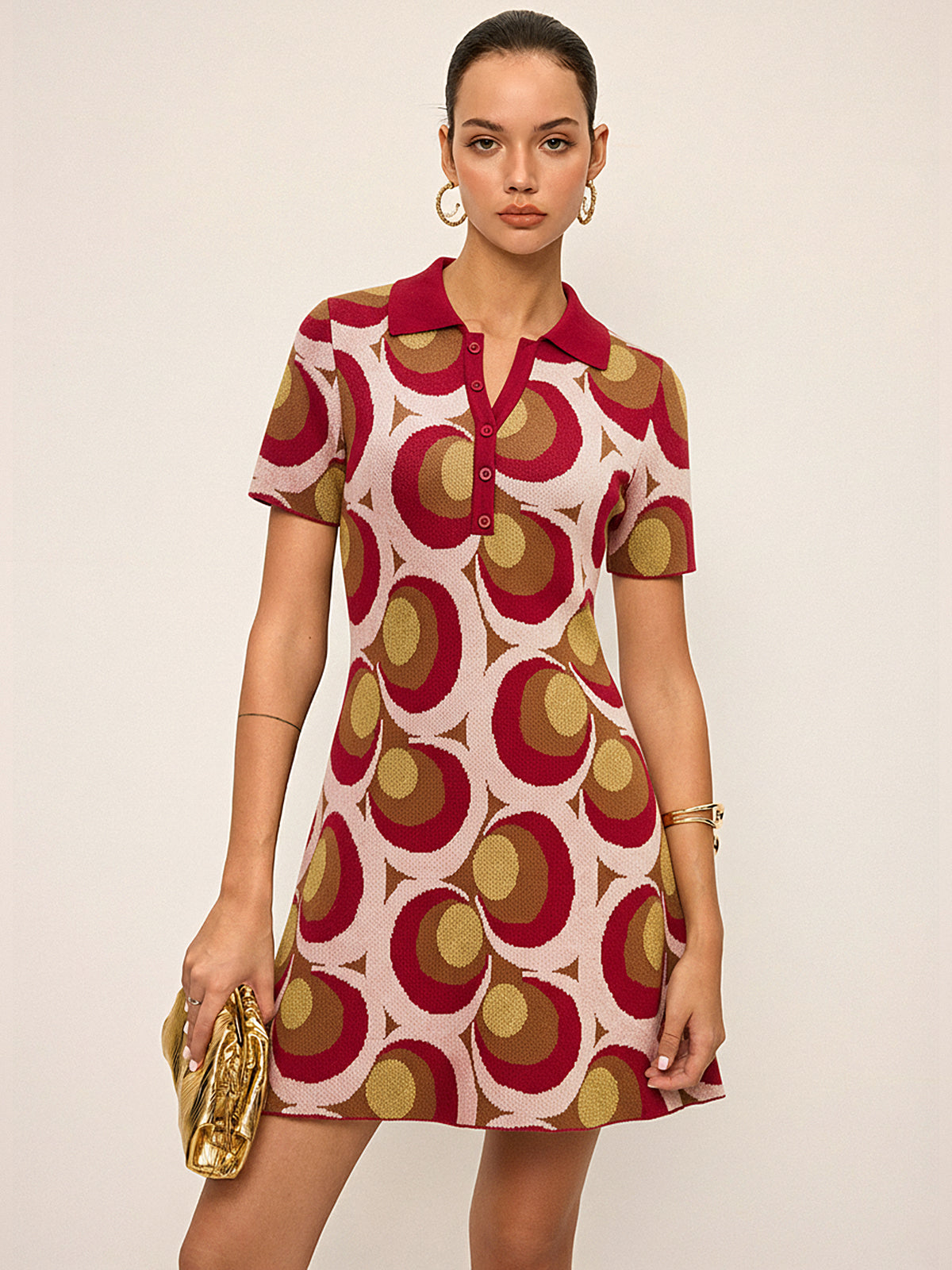 Classic Polo Collar Sweater Dress with Vintage Print