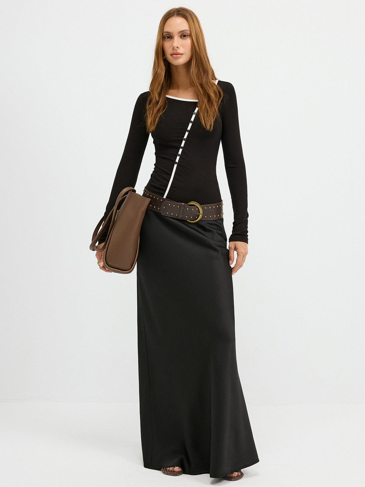 Asymmetric Collar Top with Contrast Trim and Buttons