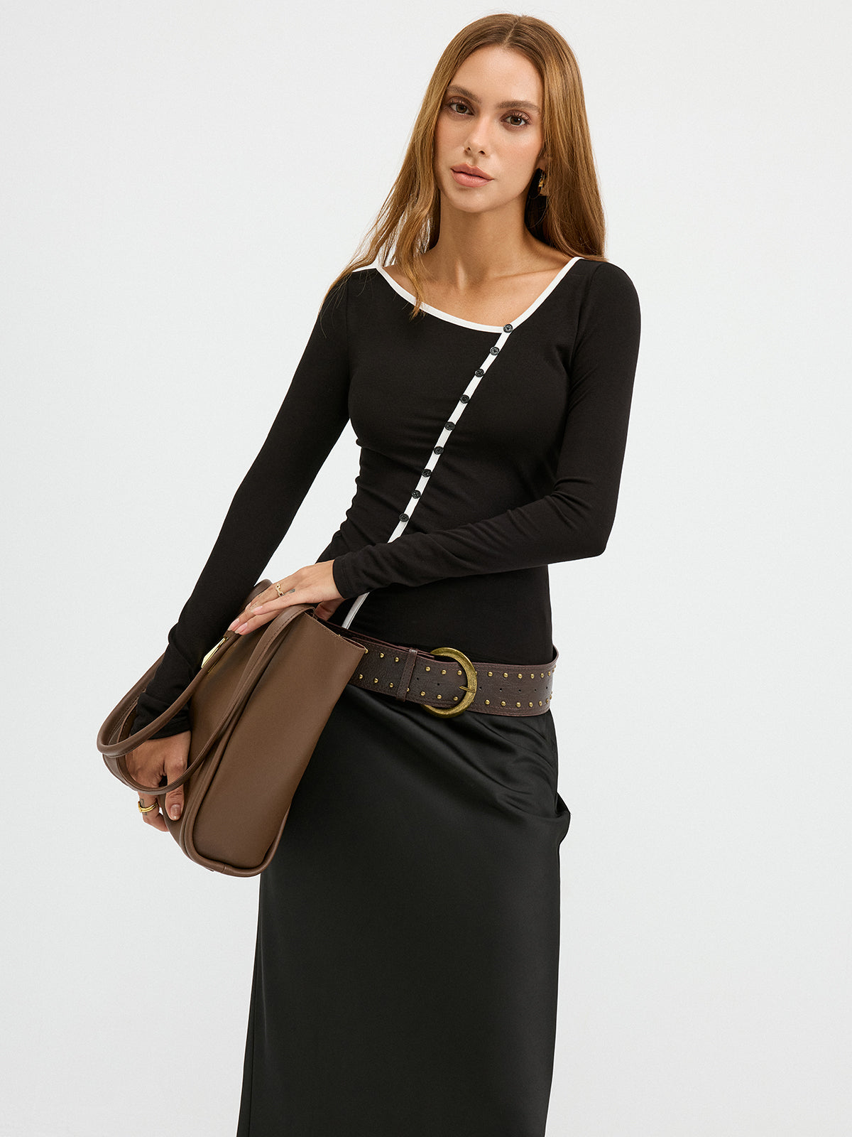 Asymmetric Collar Top with Contrast Trim and Buttons