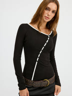 Asymmetric Collar Top with Contrast Trim and Buttons