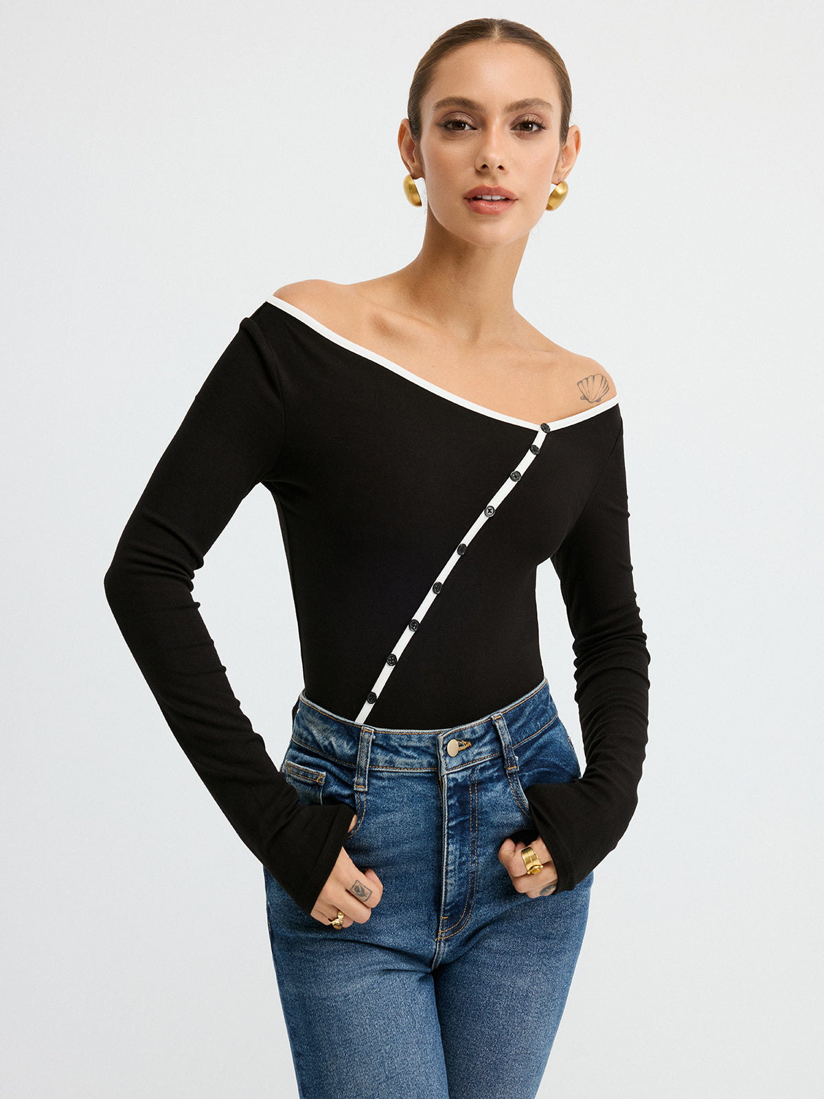 Asymmetric Collar Top with Contrast Trim and Buttons