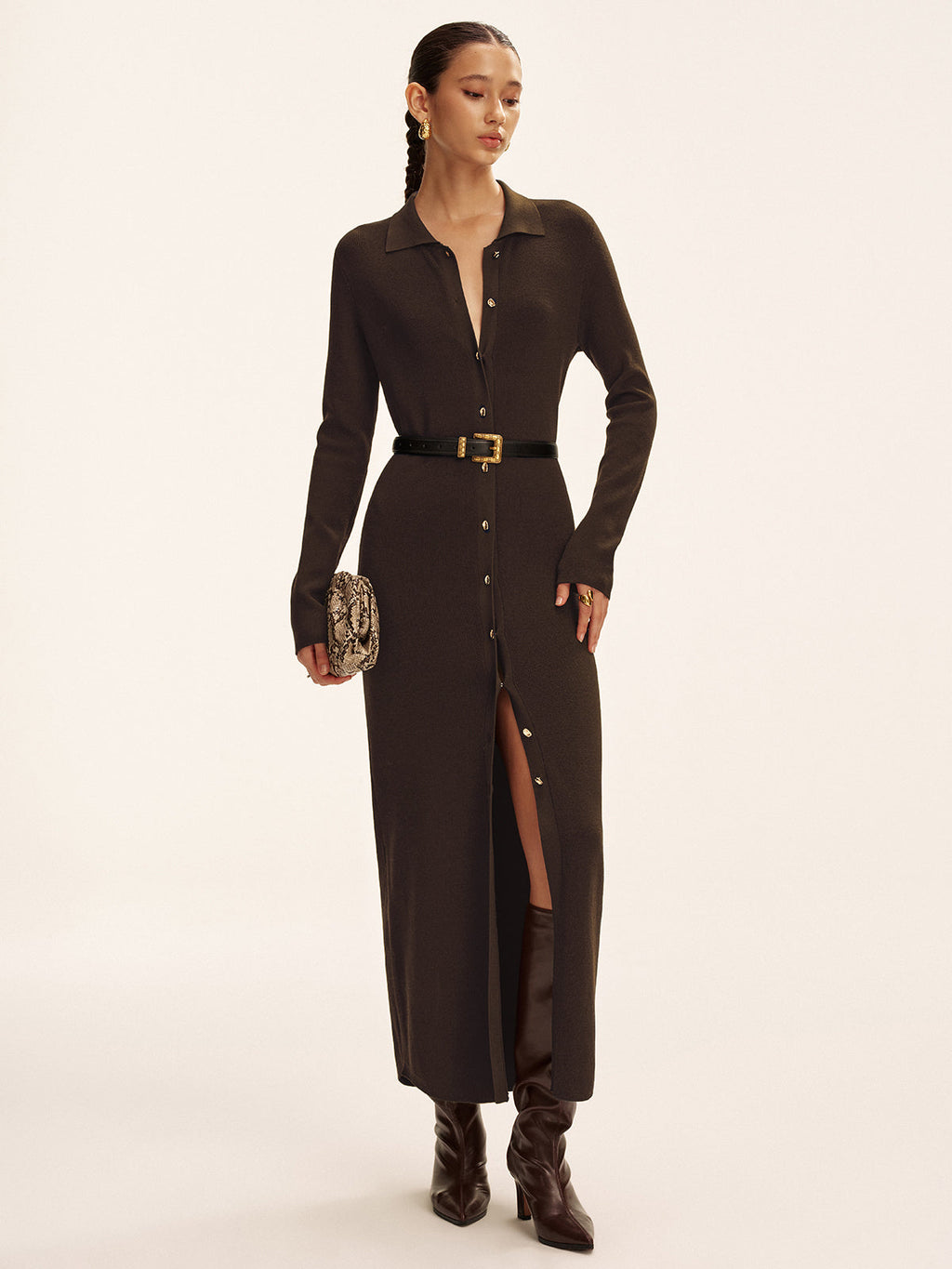 Long Sleeve Knit Maxi Dress with Button Detail