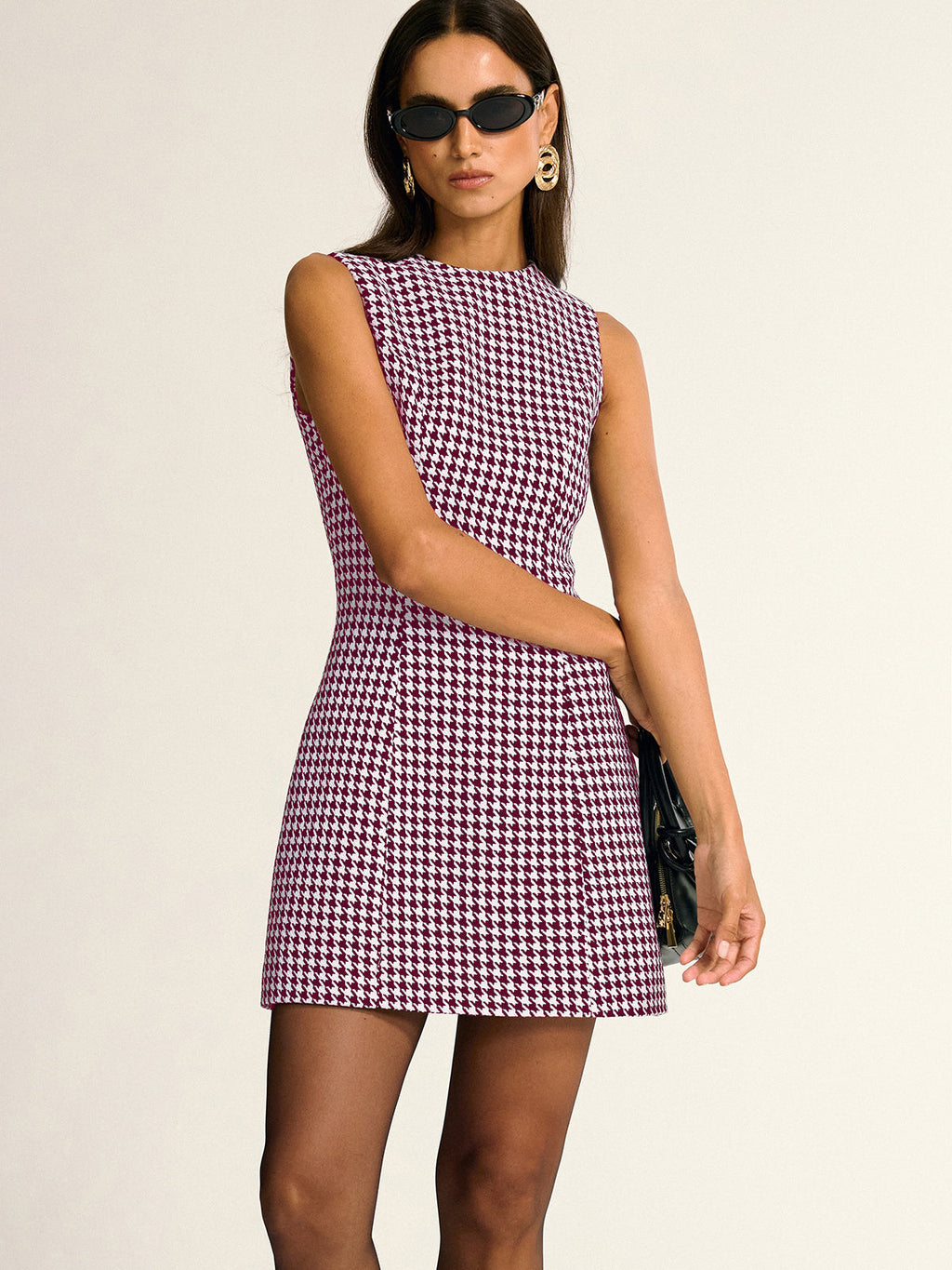 Houndstooth Pattern Sleeveless A-Line Mini Dress