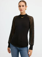 Mock Neck T-Shirt with Sheer Mesh Sleeves