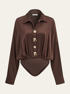 Satin-Collared Bodysuit with Sleek Metal Buttons