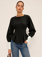Balloon Sleeve Peplum Sweatshirt with Round Neck