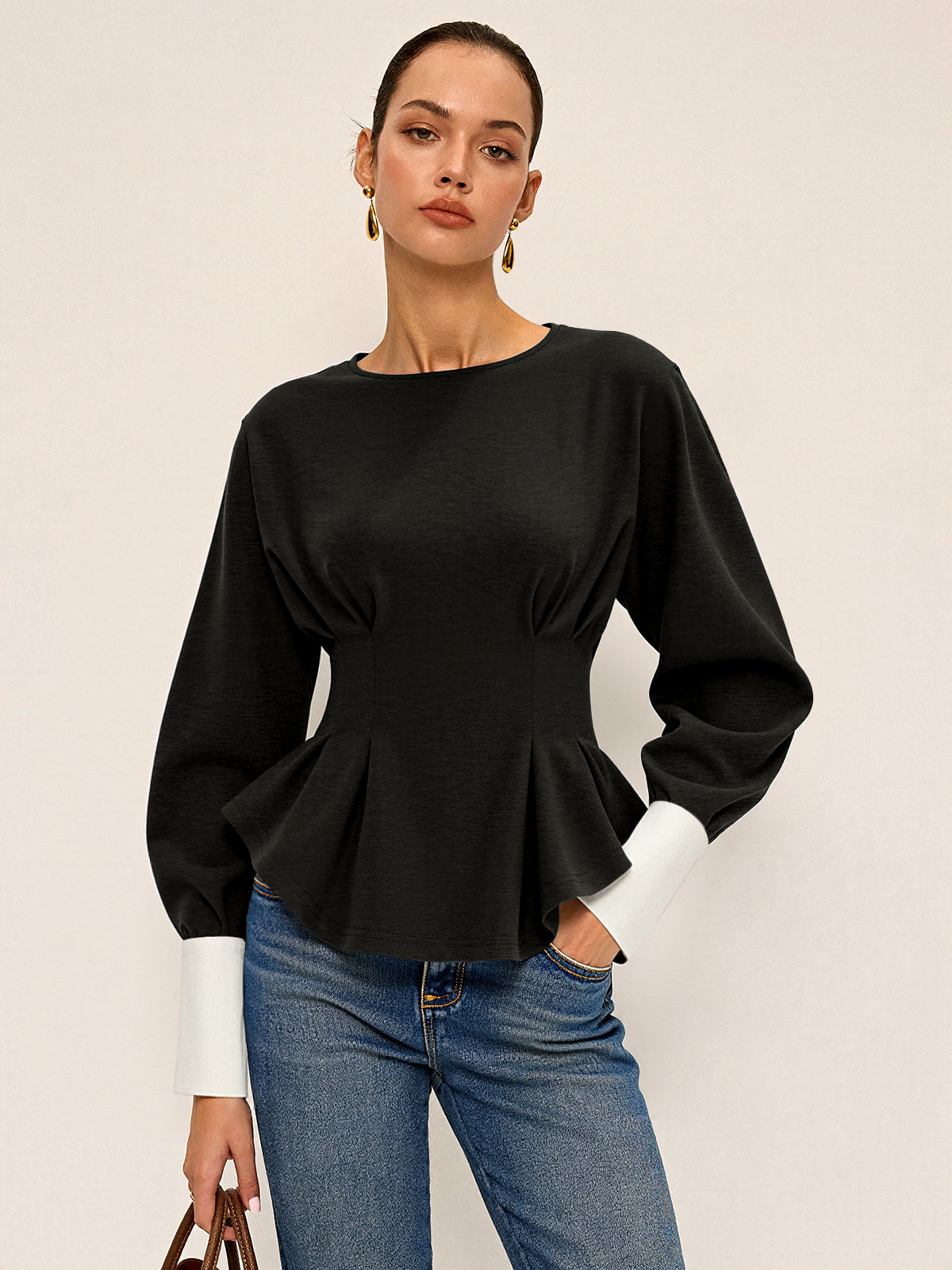 Balloon Sleeve Peplum Sweatshirt with Round Neck