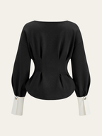 Balloon Sleeve Peplum Sweatshirt with Round Neck