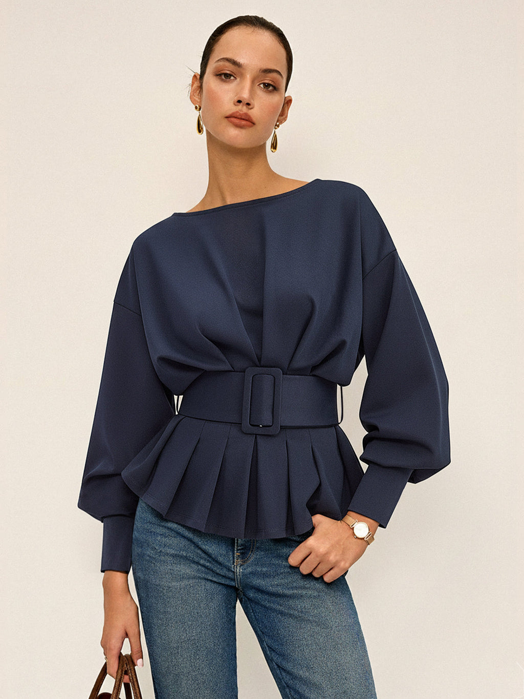 Boat Neck Sweatshirt with Peplum and Wide Belt