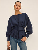 Boat Neck Sweatshirt with Peplum and Wide Belt