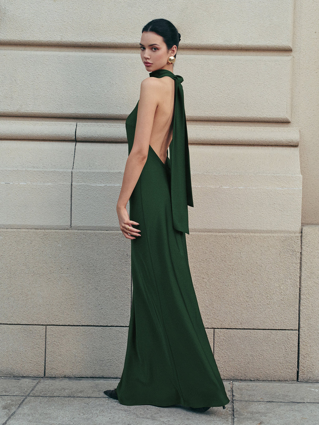 Satin Halter Dress with Flowing Open Back Design