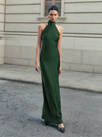 Satin Halter Dress with Open Back Design