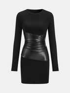 PU Leather Accent Long Sleeve Knitted Dress