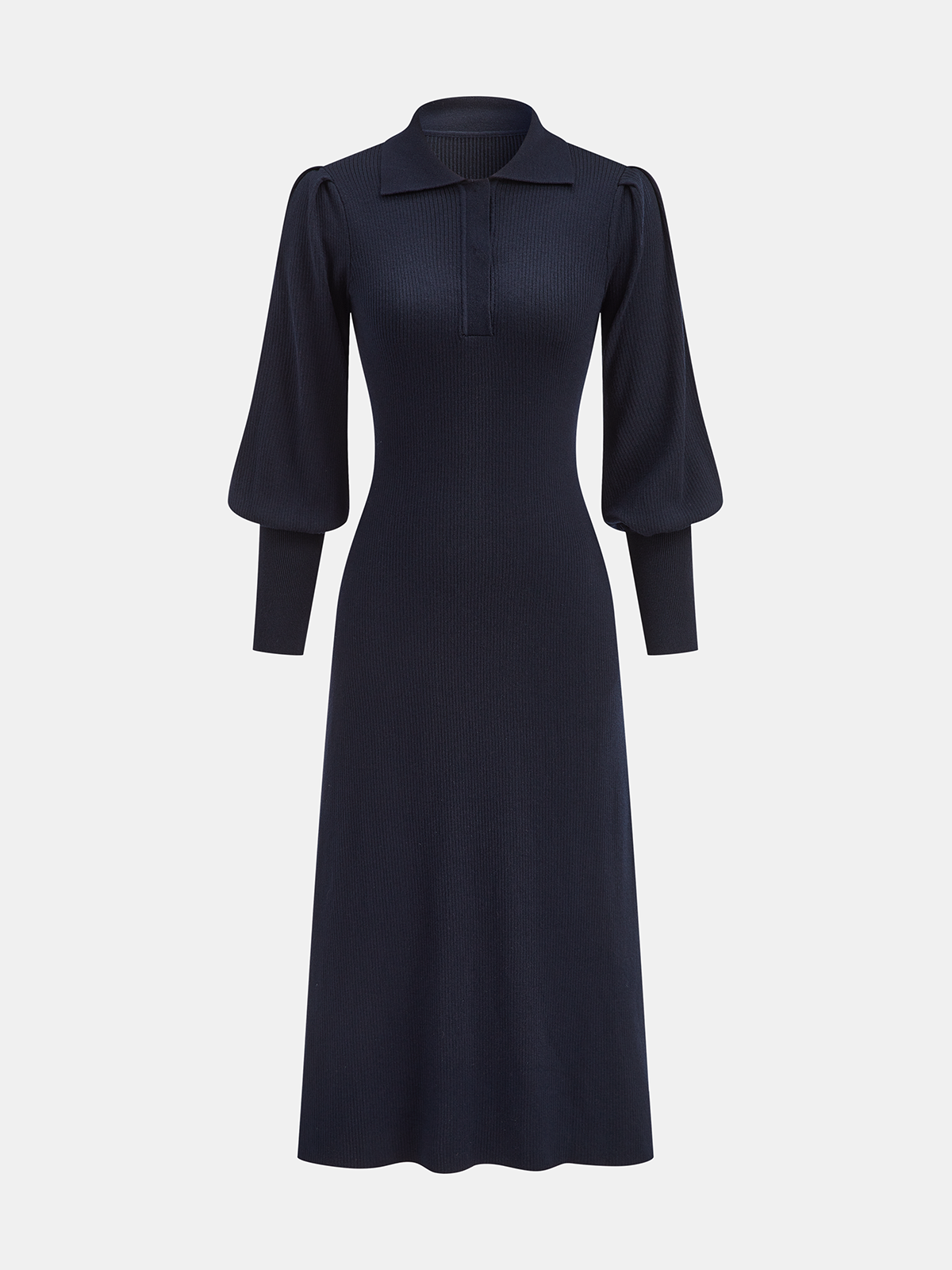 Wool Blend Midi Dress with Leg-Of-Mutton Sleeves
