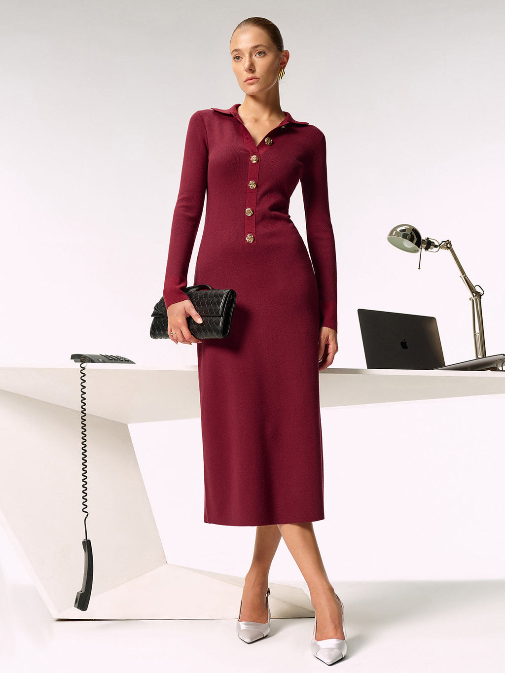 Metal Button Collared Knit Maxi Dress