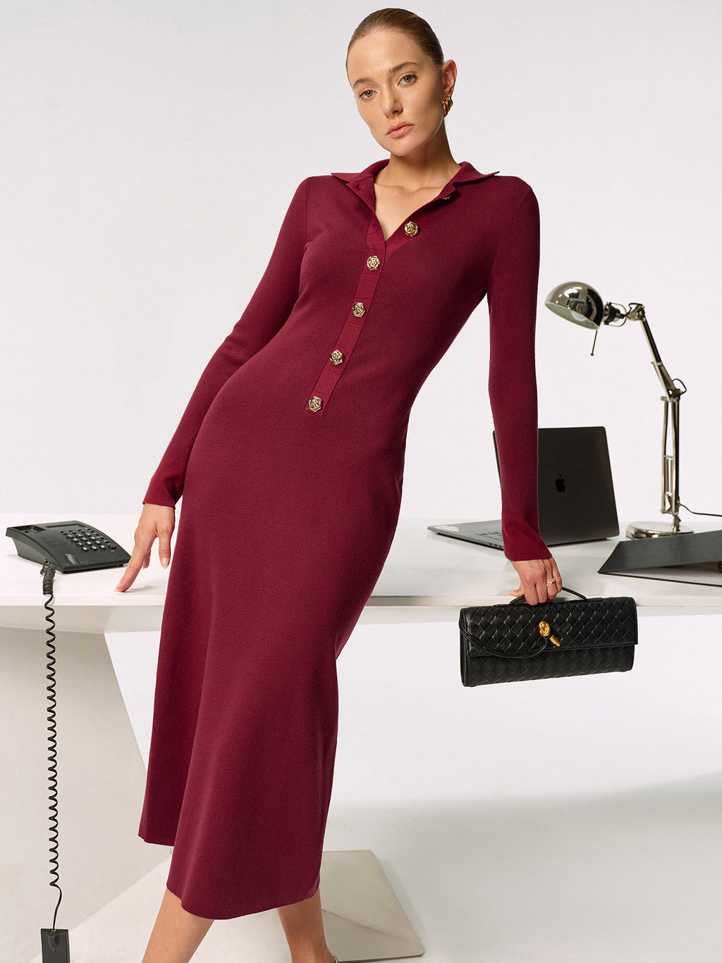 Metal Button Collared Knit Maxi Dress