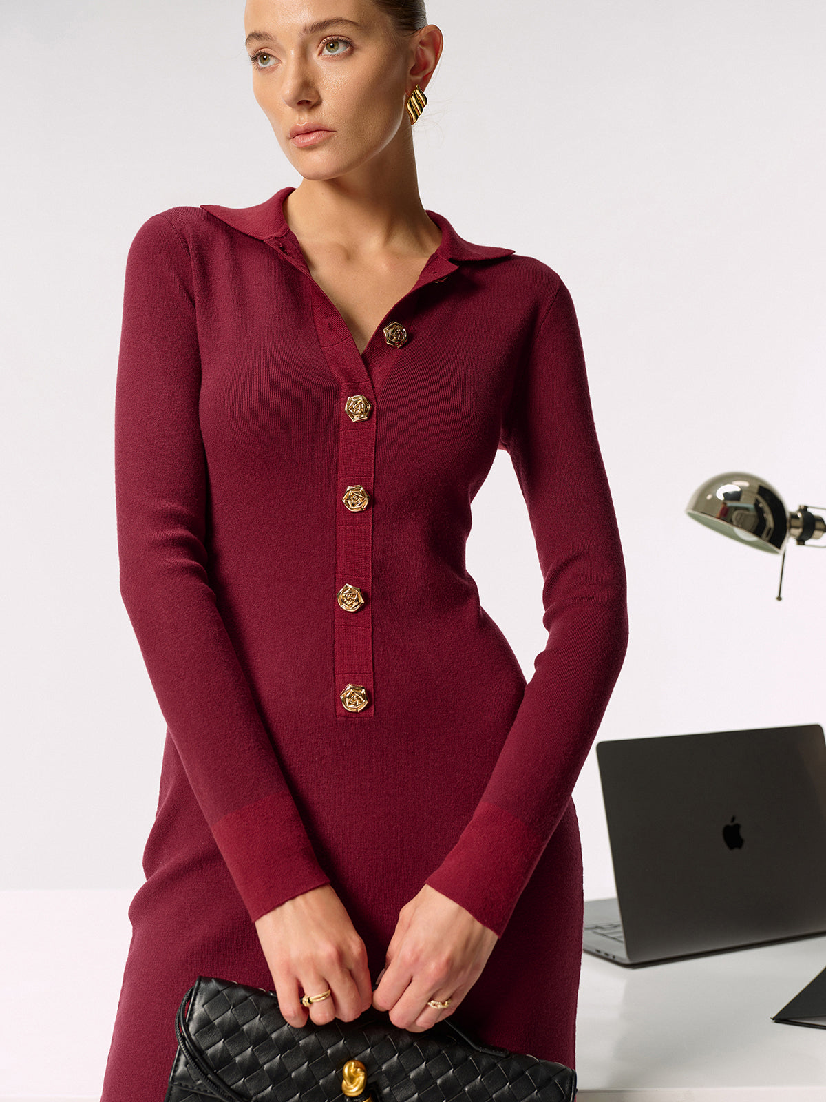 Metal Button Collared Knit Maxi Dress