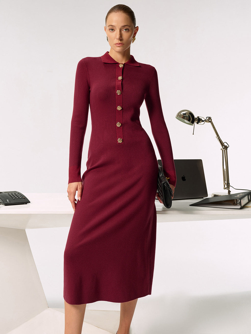Metal Button Collared Knit Maxi Dress