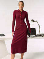Metal Button Collared Knit Maxi Dress