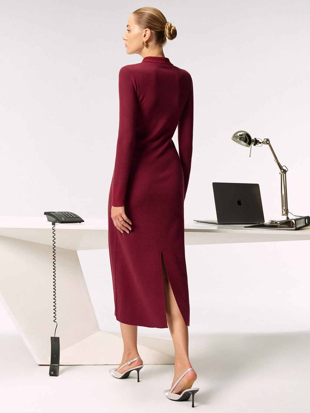 Metal Button Collared Knit Maxi Dress