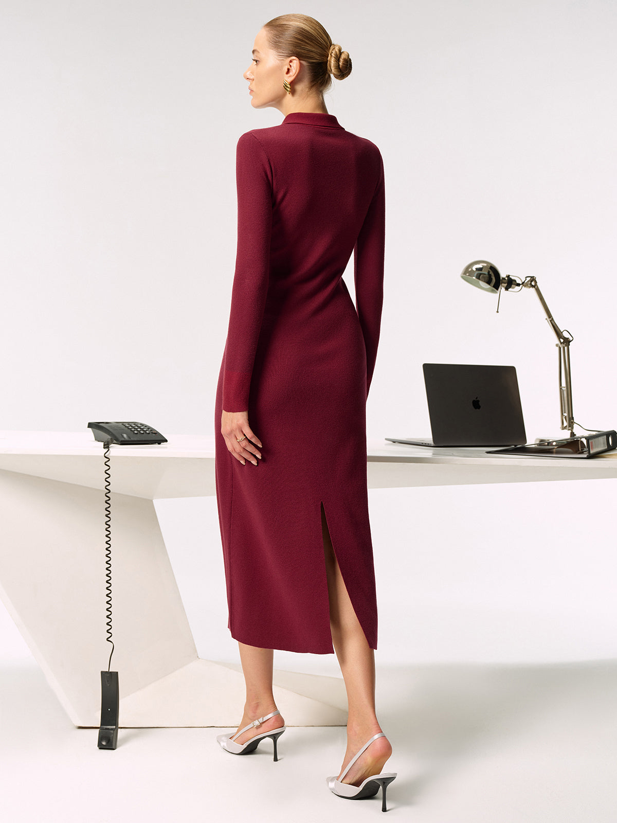 Metal Button Collared Knit Maxi Dress