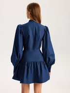 Denim Mini Dress with Stand Collar and Puff Sleeves
