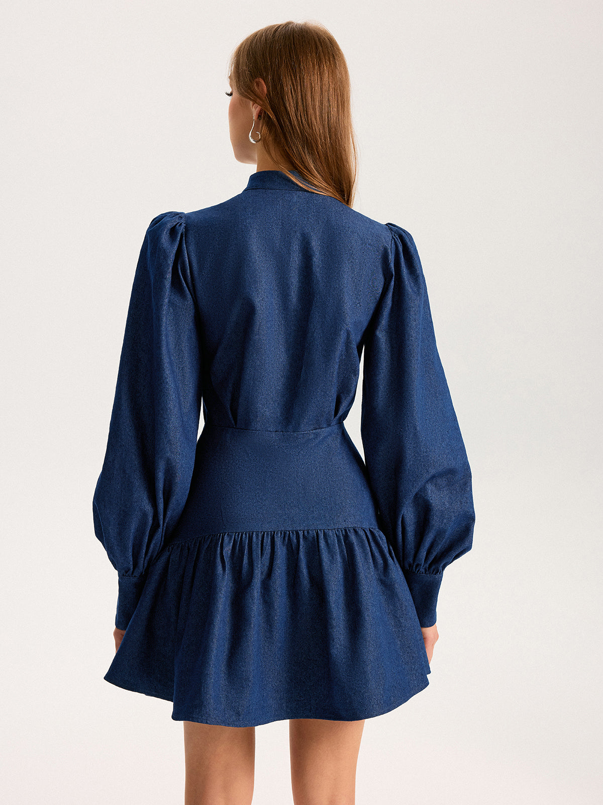 Denim Mini Dress with Stand Collar and Puff Sleeves
