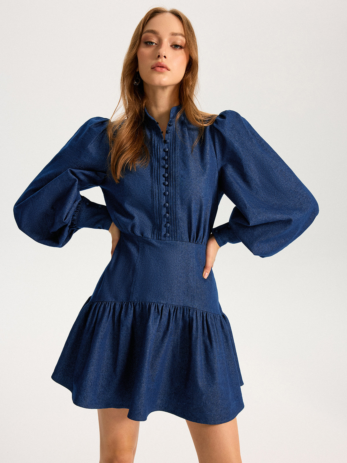 Denim Mini Dress with Stand Collar and Puff Sleeves