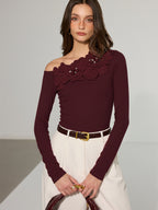 Off-Shoulder T-Shirt with 3D Floral Embellishments