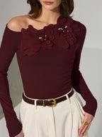 Off-Shoulder T-Shirt with 3D Floral Embellishments
