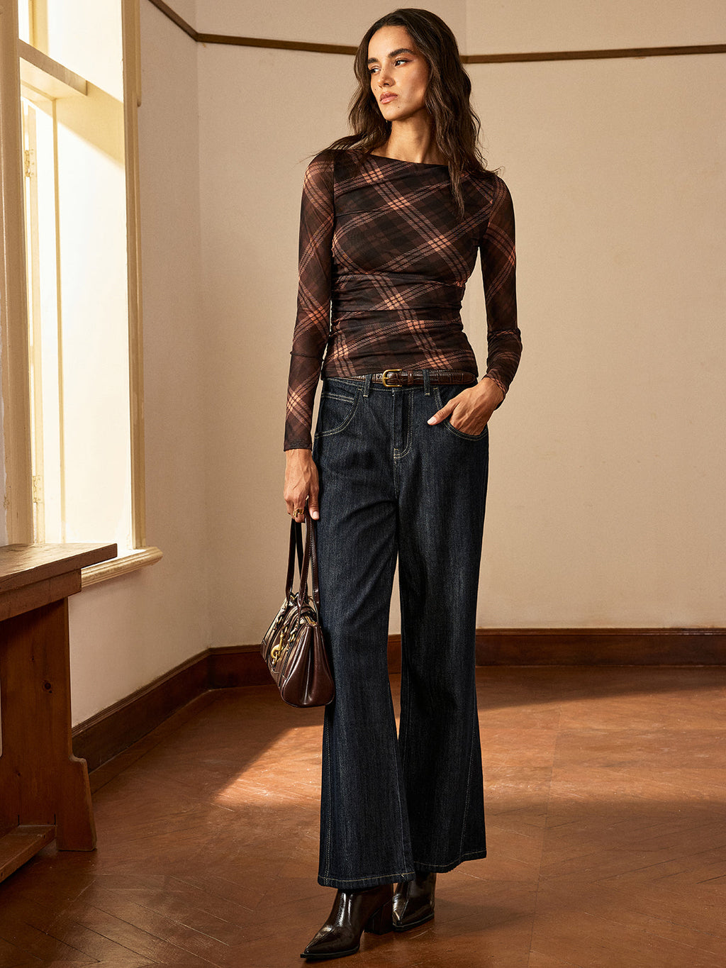 Plaid Mesh Top with Long Ruched Sleeves