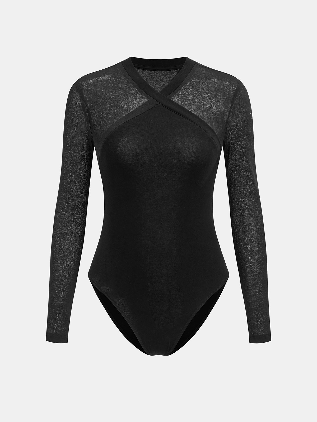 Sheer Panel Long Sleeve Cross-Front Bodysuit