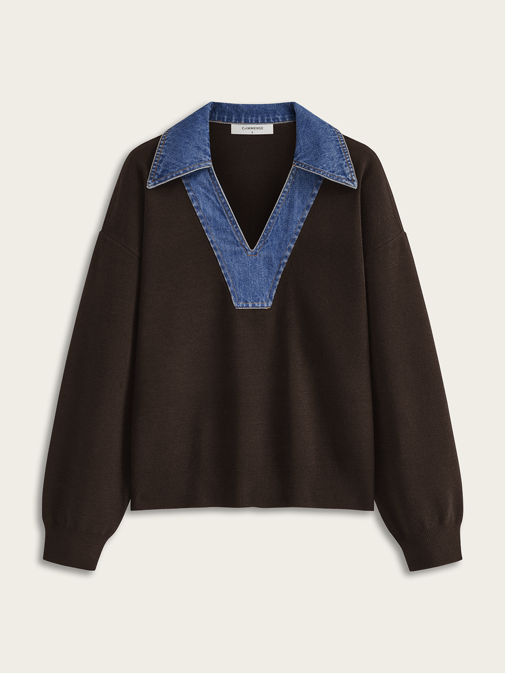 Denim Accented V-Neck Sweater with Collar Detail